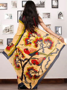 Yellow Black Red Olive Green Block Printed & Hand Painted Cotton Mul Saree - S031702928