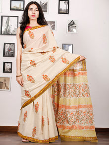 Beige Mustard Coral Green Hand Block Printed Cotton Saree In Natural Colors - S031702929