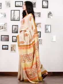 Beige Mustard Coral Green Hand Block Printed Cotton Saree In Natural Colors - S031702929
