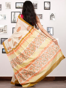 Beige Mustard Coral Green Hand Block Printed Cotton Saree In Natural Colors - S031702929