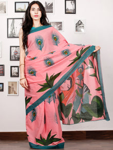 Pink Green Red Block Printed & Hand Painted Cotton Mul Saree - S031702930