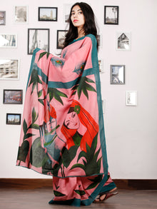 Pink Green Red Block Printed & Hand Painted Cotton Mul Saree - S031702930