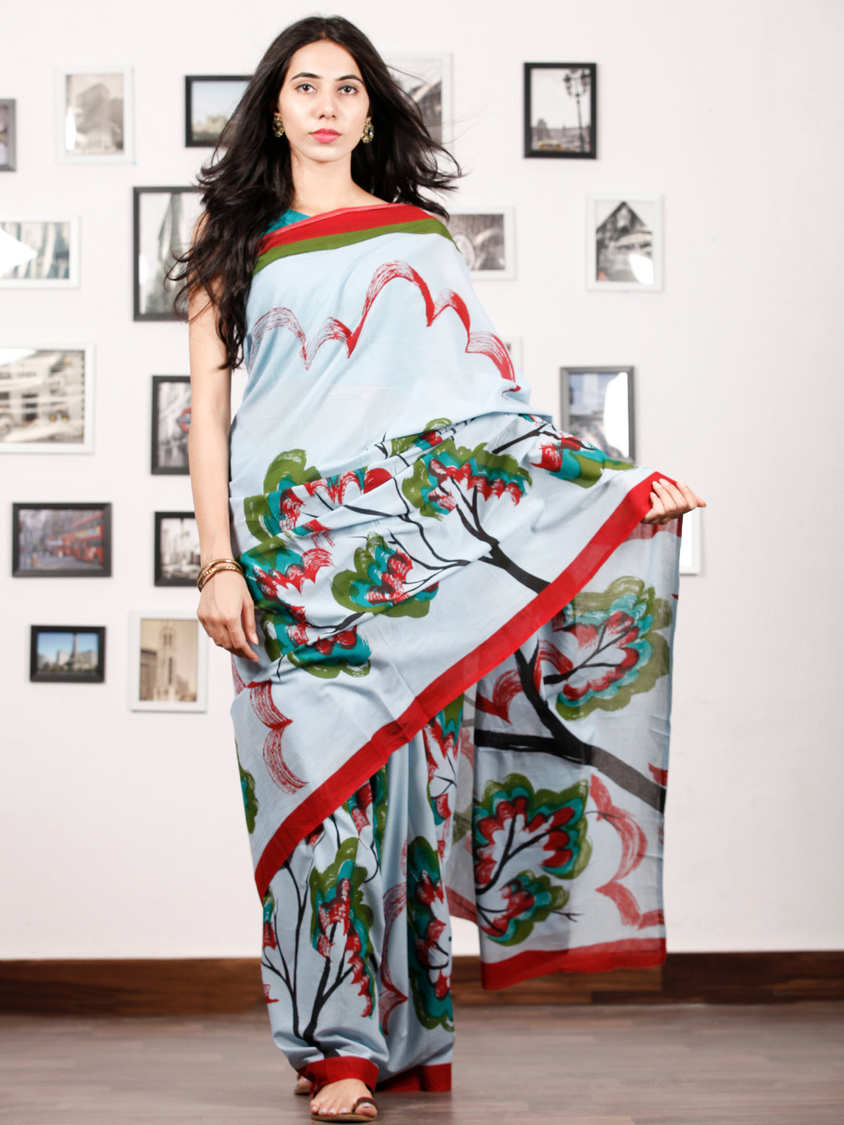 Sky Blue Maroon Green Block Printed & Hand Painted Cotton Mul Saree - S031702931