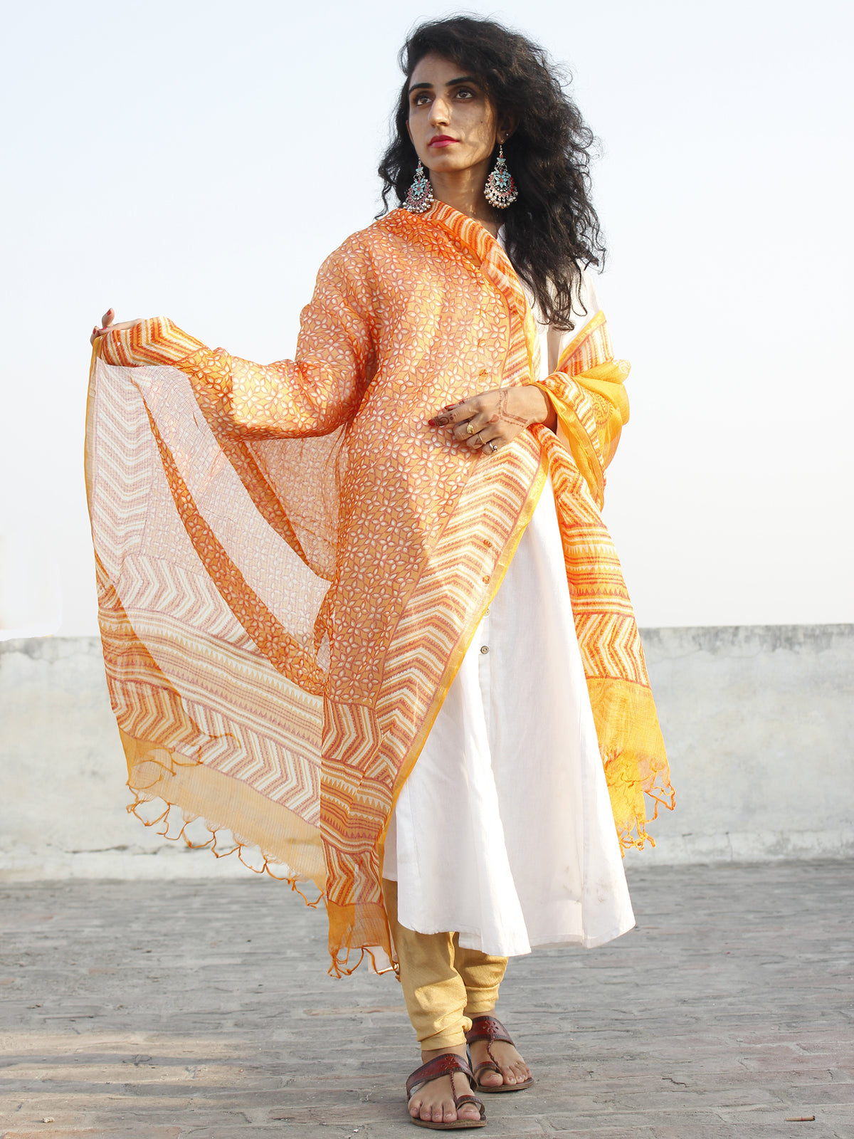 Orange Ivory Kota Silk Hand Black Printed Dupatta With Ajrakh Printed Stitched Border - D04170135