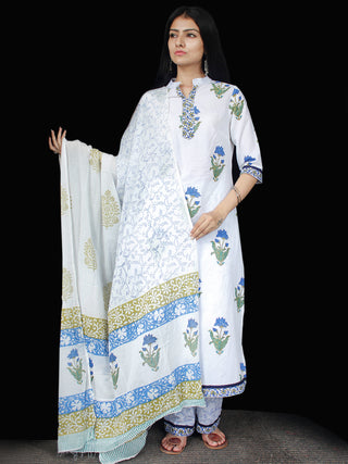 White Blue Green Cotton Block Printed Suit - Set of 3 - SS01F009