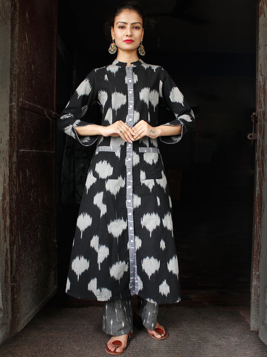 Black Grey Ikat long Cotton Kurta With Front Pockets - K166F1442