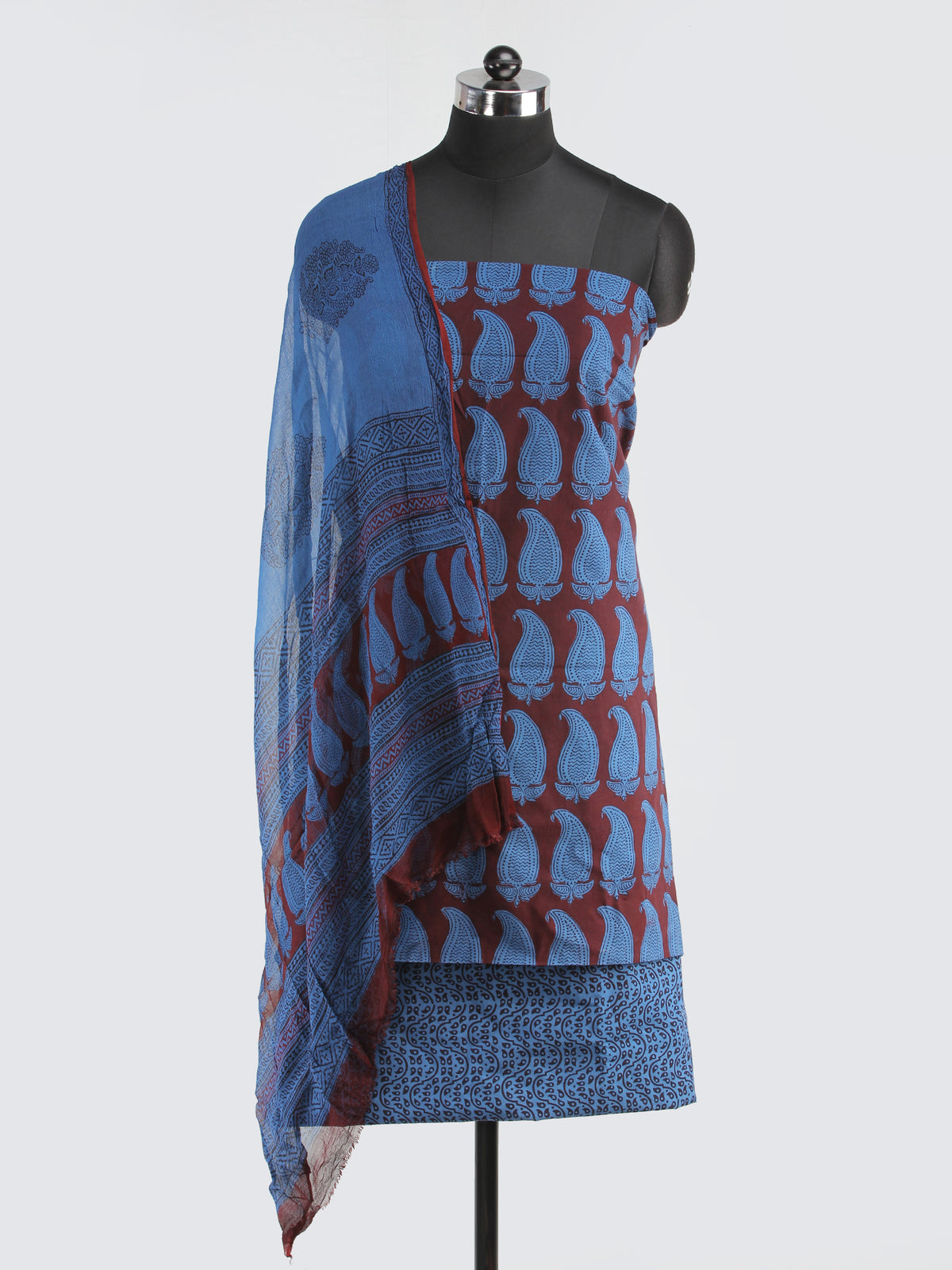 Blue Maroon Bagh Hand Block Printed Cotton Suit-Salwar Fabric With Chiffon Dupatta (Set of 3) - SU01HB412