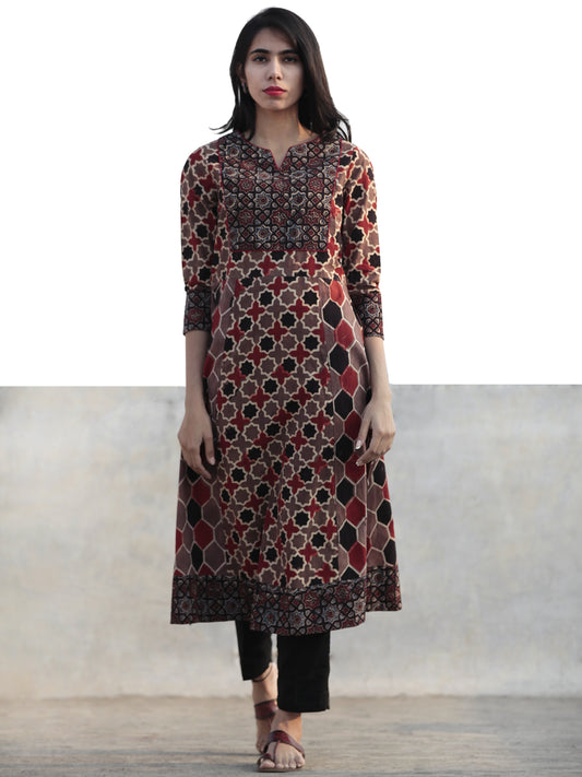 Light Brown Black Red Ivory Hand Printed Ajrakh Kurta  - K54F1166