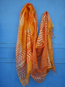 Orange Ivory Kota Silk Hand Black Printed Dupatta With Ajrakh Printed Stitched Border - D04170135