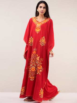 Red Aari Embroidered Kashmere Free Size Kaftan  - K12K028