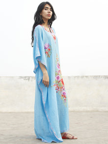 Sky Blue with Multi color Aari Embroidered Long Kashmere Free Size Kaftan in Crushed Cotton - K11K009