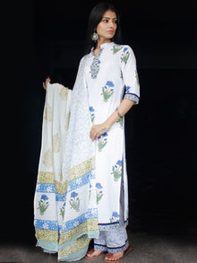 White Blue Green Cotton Block Printed Suit - Set of 3 - SS01F009