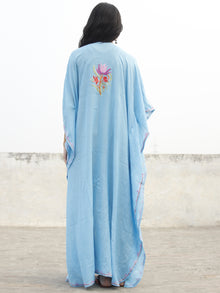 Sky Blue with Multi color Aari Embroidered Long Kashmere Free Size Kaftan in Crushed Cotton - K11K009