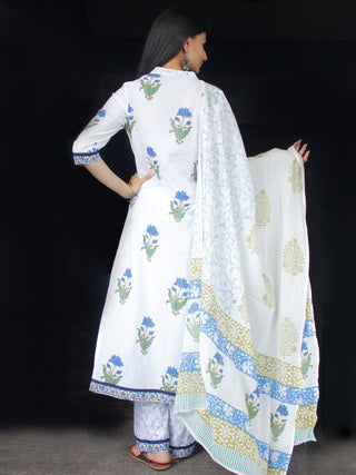White Blue Green Cotton Block Printed Suit - Set of 3 - SS01F009