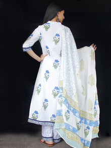 White Blue Green Cotton Block Printed Suit - Set of 3 - SS01F009