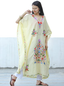 Ivory Aari Embroidered Kashmere Free Size Long Kaftan in Crushed Cotton - K11K058