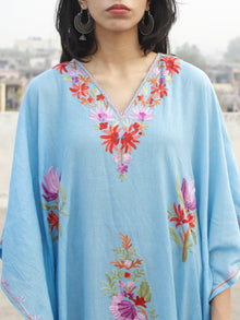 Sky Blue with Multi color Aari Embroidered Long Kashmere Free Size Kaftan in Crushed Cotton - K11K009