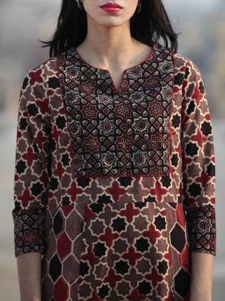 Light Brown Black Red Ivory Hand Printed Ajrakh Kurta  - K54F1166