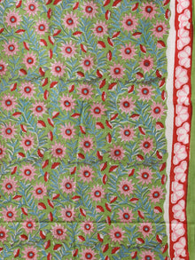 Green Pink Coral Hand Block Printed Cotton Suit-Salwar Fabric With Chiffon Dupatta (Set of 3) - SU01HB430