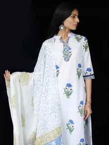 White Blue Green Cotton Block Printed Suit - Set of 3 - SS01F009