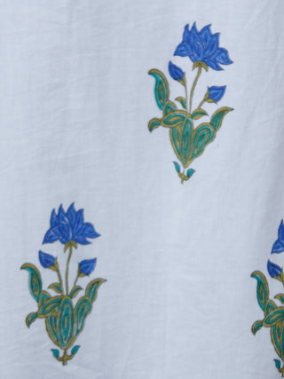 White Blue Green Cotton Block Printed Suit - Set of 3 - SS01F009