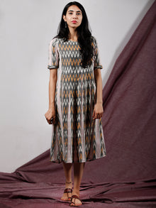 Pink Grey White Rust Front Open Hand Woven Ikat Cotton Dress With Front Box Pleats  - D196F1237