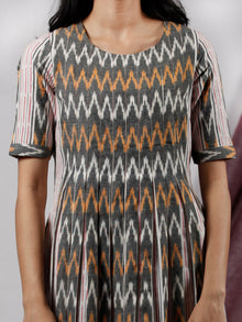 Pink Grey White Rust Front Open Hand Woven Ikat Cotton Dress With Front Box Pleats  - D196F1237