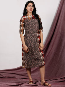 Beige Light Brown Maroon Hand Block Printed Midi Length Dress With Side Pockets - D222F1323