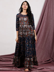 Indigo Black Rust Ivory Hand Block Printed Long Cotton Tier Dress With Pin Tuck Neck - D221F1320