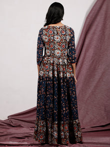 Indigo Black Rust Ivory Hand Block Printed Long Cotton Tier Dress With Pin Tuck Neck - D221F1320