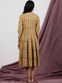 Rust Orange Grey Ivory Hand Block Printed Midi Length Dress - D223F1325