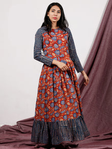 Red Indigo Ivory Hand Block Printed Long Cotton Dress With Box Pleats - D184F1310