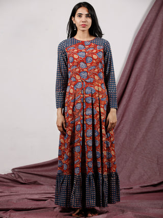 Red Indigo Ivory Hand Block Printed Long Cotton Dress With Box Pleats - D184F1310