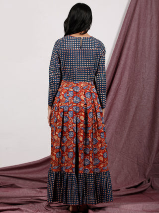 Red Indigo Ivory Hand Block Printed Long Cotton Dress With Box Pleats - D184F1310