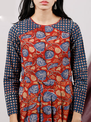 Red Indigo Ivory Hand Block Printed Long Cotton Dress With Box Pleats - D184F1310