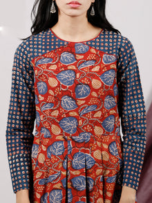 Red Indigo Ivory Hand Block Printed Long Cotton Dress With Box Pleats - D184F1310