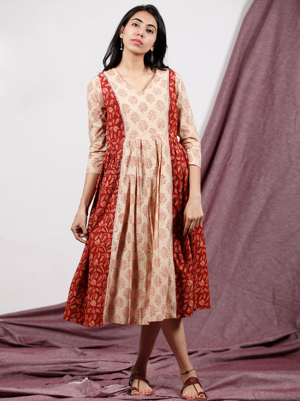 Red Maroon Beige Hand Block Printed Dress With Front Box Pleates - D231F1322
