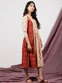 Red Maroon Beige Hand Block Printed Dress With Front Box Pleates - D231F1322