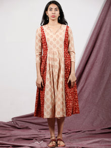 Red Maroon Beige Hand Block Printed Dress With Front Box Pleates - D231F1322