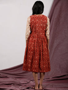 Red Maroon Beige Hand Block Printed Dress With Front Box Pleates - D231F1322