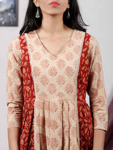Red Maroon Beige Hand Block Printed Dress With Front Box Pleates - D231F1322