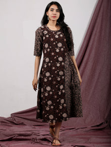 Brown Grey Black Ivory Hand Block Printed Midi Length Cross Over Dress With Side Pockets - D225F1330
