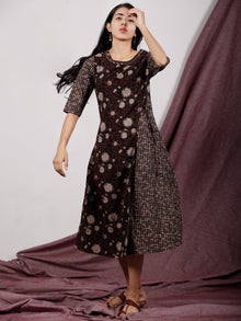 Brown Grey Black Ivory Hand Block Printed Midi Length Cross Over Dress With Side Pockets - D225F1330