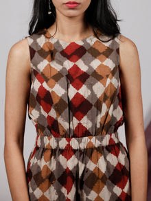 Beige Brown Maroon Handblock Printed  Cotton Jumpsuit With Back Zip And Waist Elastic -  D234F1323