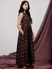 Black Grey Maroon Ivory Long Hand Block Printed Cotton Dress With Knife Pleats & Side Pockets - D32F1328