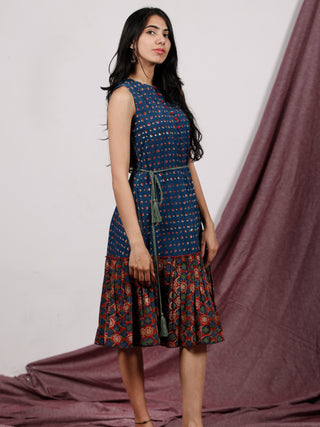 Indigo Red Green Hand Block Printed Sleeveless Dress With Tassels - D230F1317