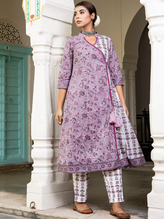 Rozana Seema Set Of Angrakha Kurta Pants Kota Doria Dupatta