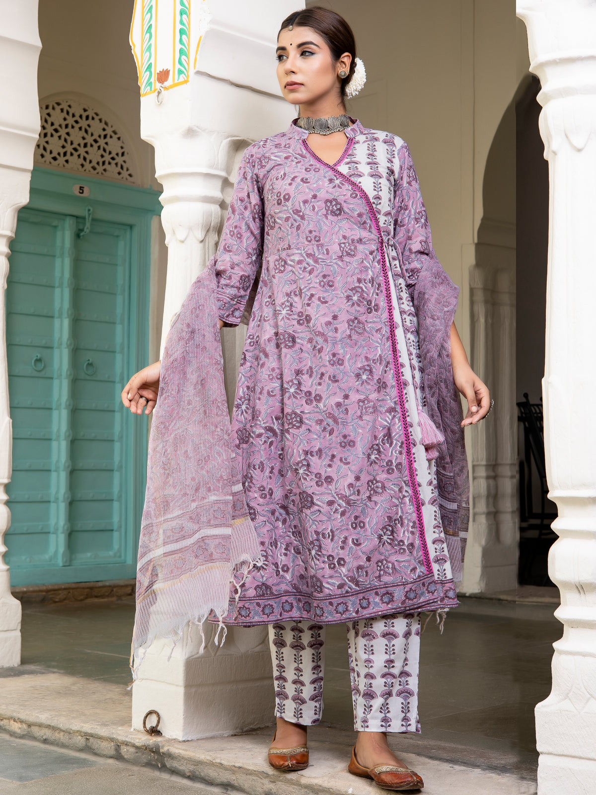 Rozana Seema Set Of Angrakha Kurta Pants Kota Doria Dupatta