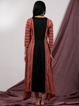 Black Red Hand Block Printed Cotton Rayon Long Dress With Centre Inverted Pleat  - D233F628