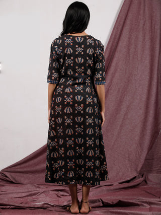 Coffee Brown Rust Beige Hand Block Printed Long Cotton Dress With Side Pleat- D187F1327
